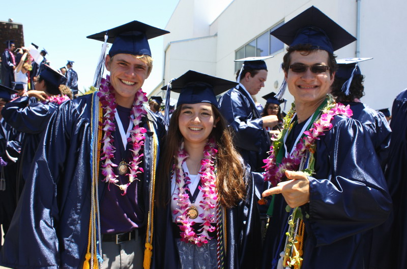 Alumnis John Landers, Sachiko Matsumoto, and Zachary Evans wait for the ceremony to begin. Sachi-John-Zach