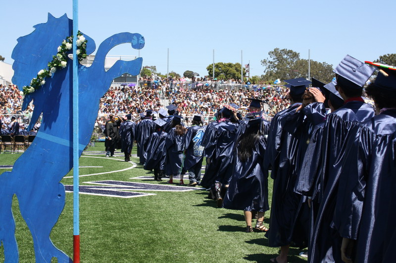 Students walk through the mustang arches to their seats. through-archers