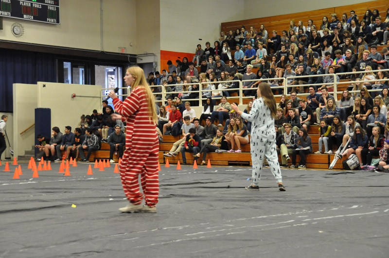 MC's Carly Belin and Tara Gildersleeve get students ready to stand up and twirl 7