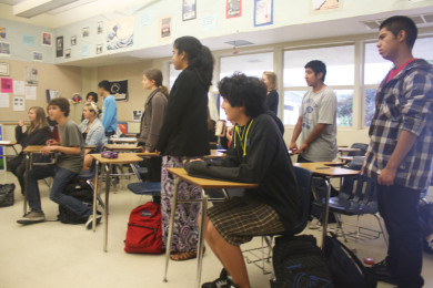 Students stand up during an ice-breaker activity during the homeroom discussions that took place on Oct. 4 and Oct. 6.