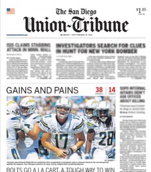 Chargers win made front page of The San Diego Union-Tribune today.