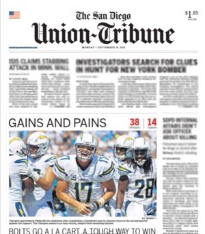 Chargers' win made front page of The San Diego Union-Tribune today.