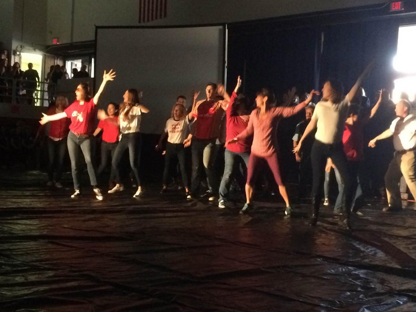 Teachers+and+staff+performed+a+rendition+of+the+dance+from+%E2%80%9CNapoleon+Dynamite%E2%80%9D+to+kick+off+the+assembly.+