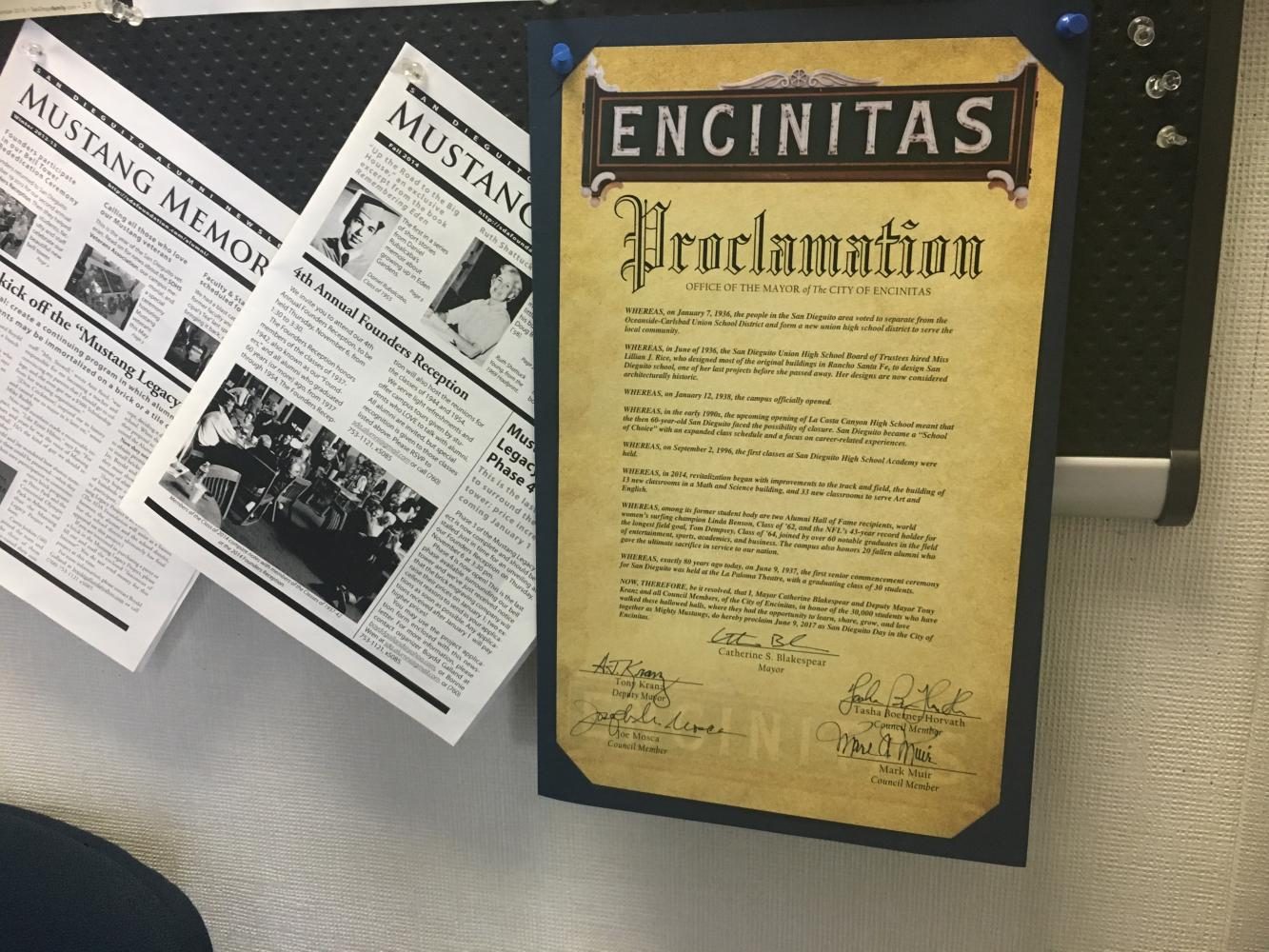 The proclamation from the City of Encinitas hangs on the bulletin board in the principal's office.