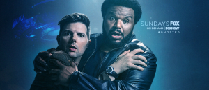 Adam Scott and Craig Robinson cling to each other in fear of the fate of their new TV show, "Ghosted."