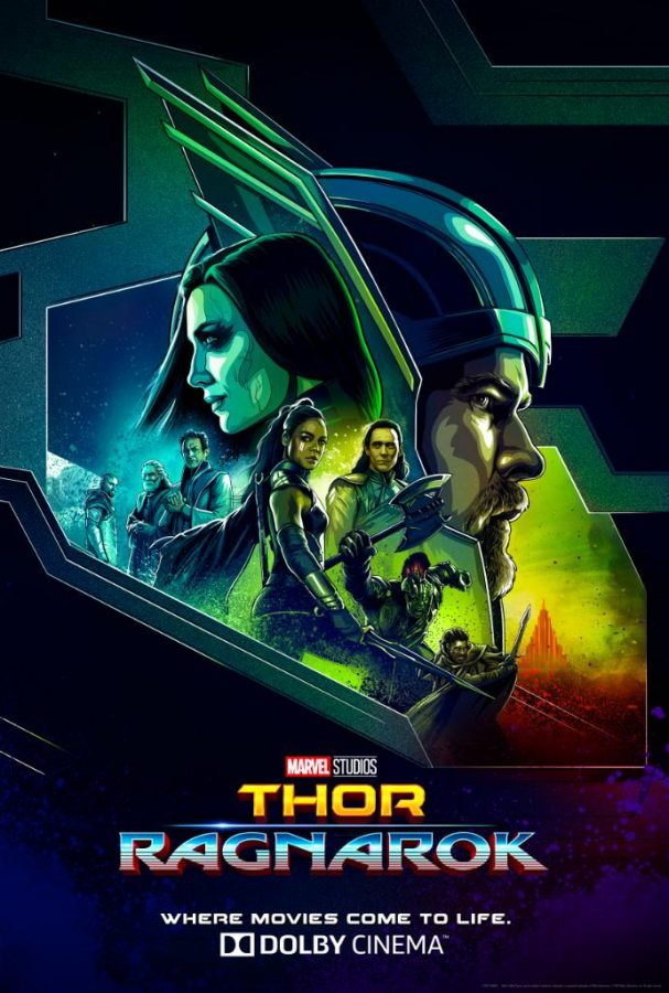 Thor accompanied by the cast of Nordic gods on a promotional poster for Thor: Ragnarok