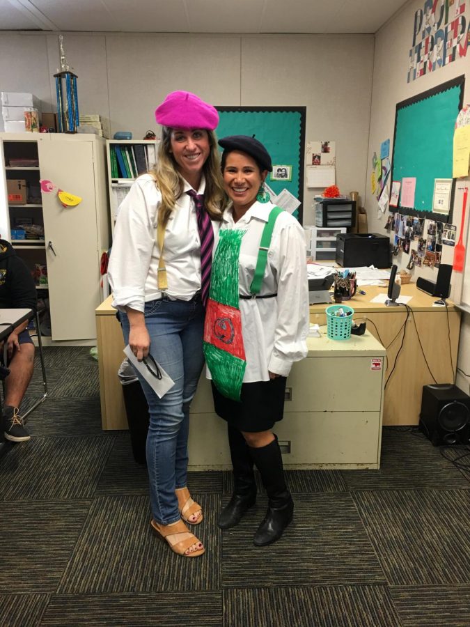 Teachers Jamie Duck and Angela Vasquez-Herrera dress as Mr. Stimson to win extra points during the scavenger hunt.