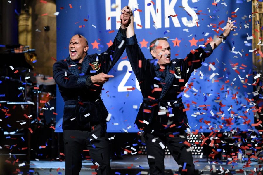 Dwayne The Rock Johnson and Tom Hanks celebrate the announcement of their campaign.