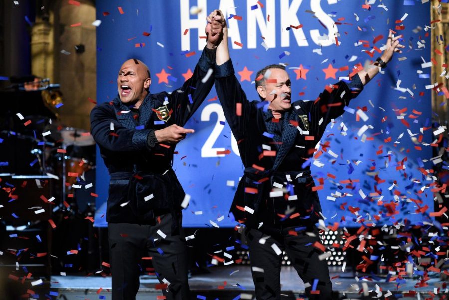 Dwayne "The Rock" Johnson and Tom Hanks celebrate the announcement of their campaign.