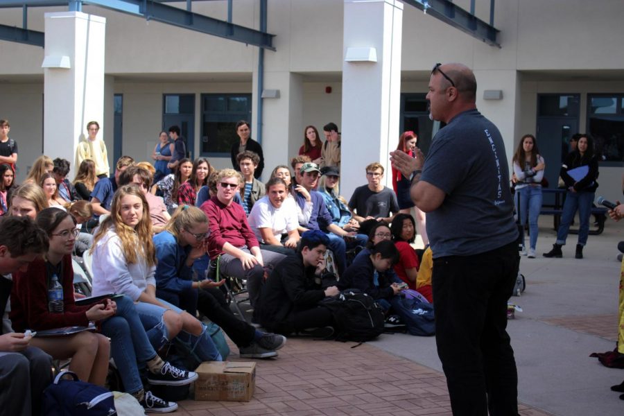 Principal Adam Camacho addresses students at this months forum.