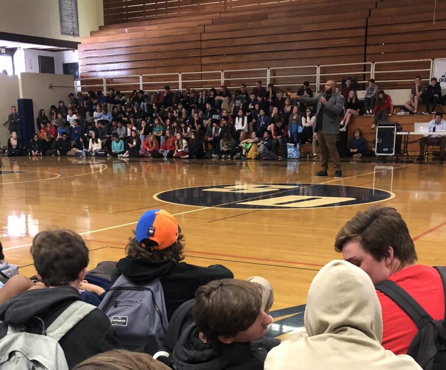 Freshmen, sophomores, and seniors gathered in the gym to hear the Sandy Hook Promise speaker.