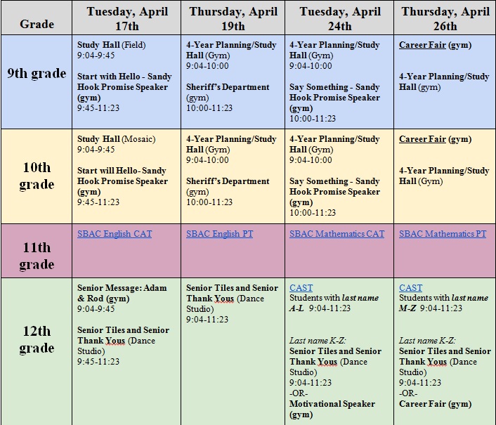 The 2018 CAASP testing dates and the activity schedule from 9:04 to 11:23 (when juniors will be taking tests).