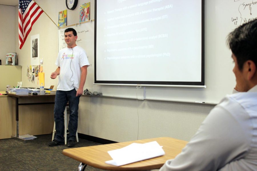 Sophomore Ethan Hirschberg presenting to students in AP Psychology