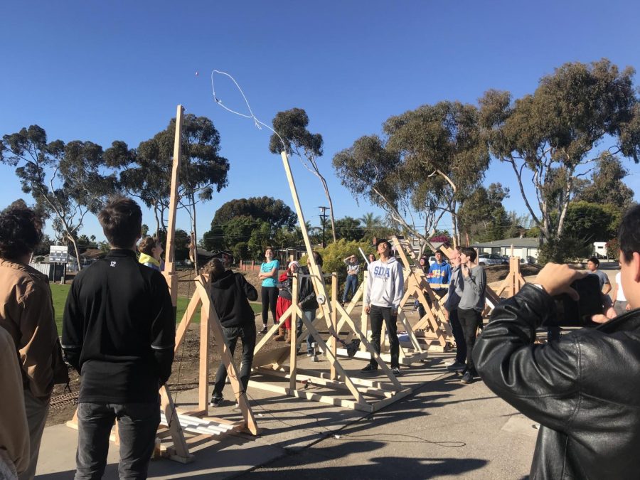 Fourth period AP Physics C students launched their trebuchets Monday afternoon.