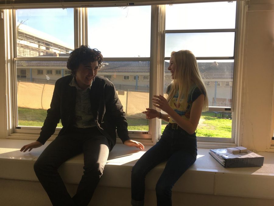 Current ASB President senior Jeremy Romero chats with new President junior Amelia Kaiser.