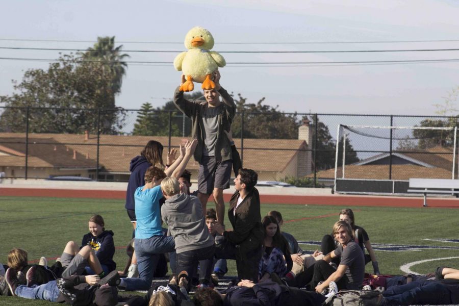 History teacher Jamie Ducks homerooms snowflake was adorned with a giant duck stuffed animal.