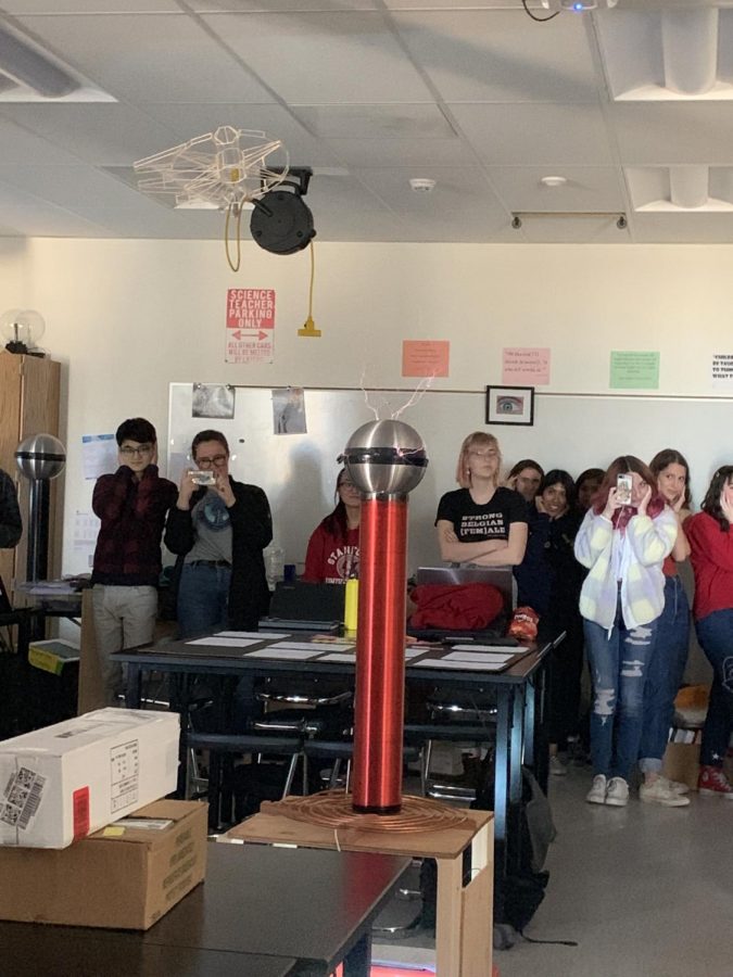 The Tesla Coil was tested three separate times during the class, shocking students with its loud sounds.