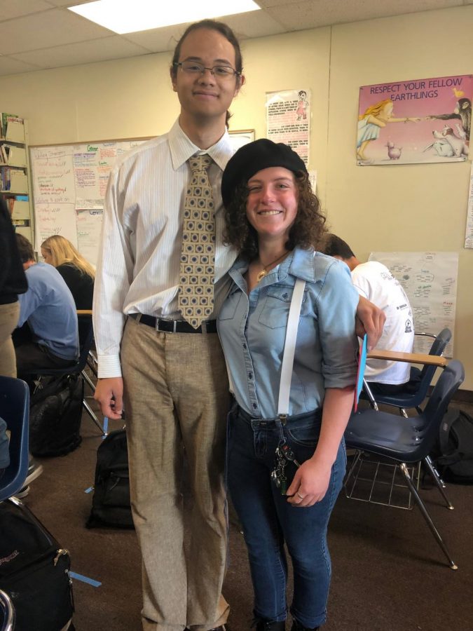 Senior Ben Noon (left) dressed up as Math teacher Todd Vollstedt and senior Jana Roper (right) dressed as retired Science teacher George Stimson.