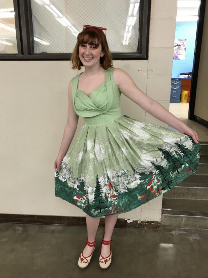 Senior Rachel Kanevsky wore a vintage mid-20th century dress, styled with matching shoes and sunglasses for Decades Day.