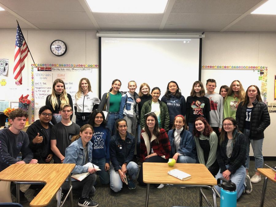 History teacher Kelly Hawkins and her homeroom dressed in denim today.