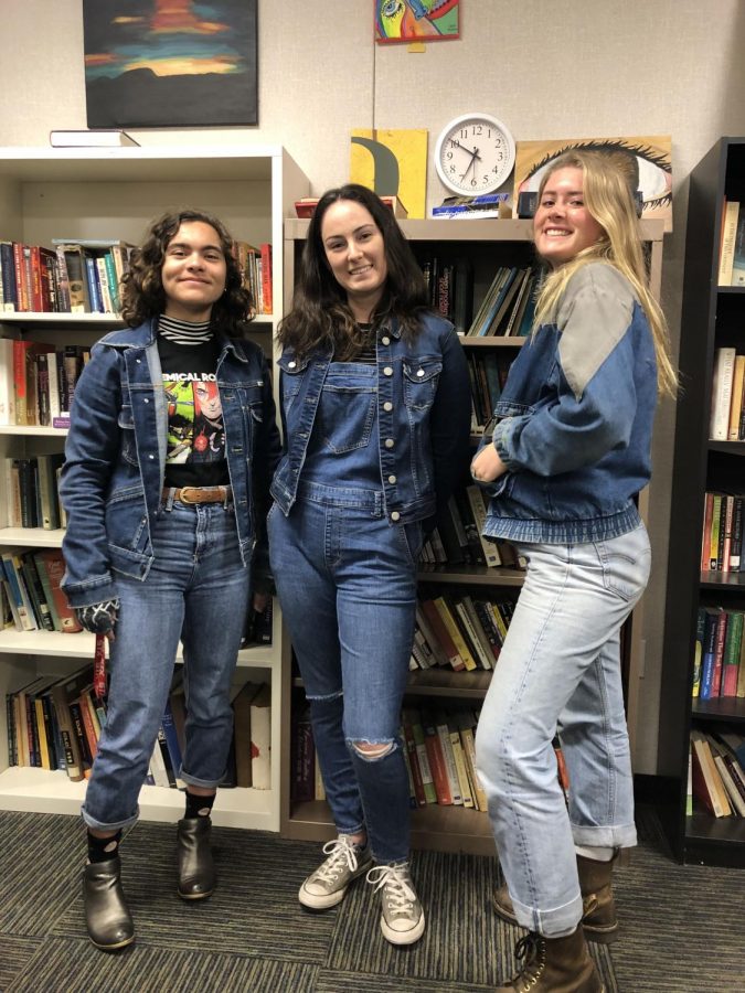 (left to right) Junior Alicia Wallace, junior Rachel Hohmeyer, and senior Gracie Williams dressed head-to-toe in denim.