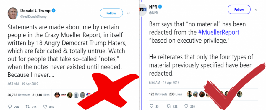 To the left is an example of what not to do in order to productively contrive a discussion from our president Trump (notice the name calling, aggressive diction, etc.) and to the right is a non bias news, source, NPR, covering the Mueller report.