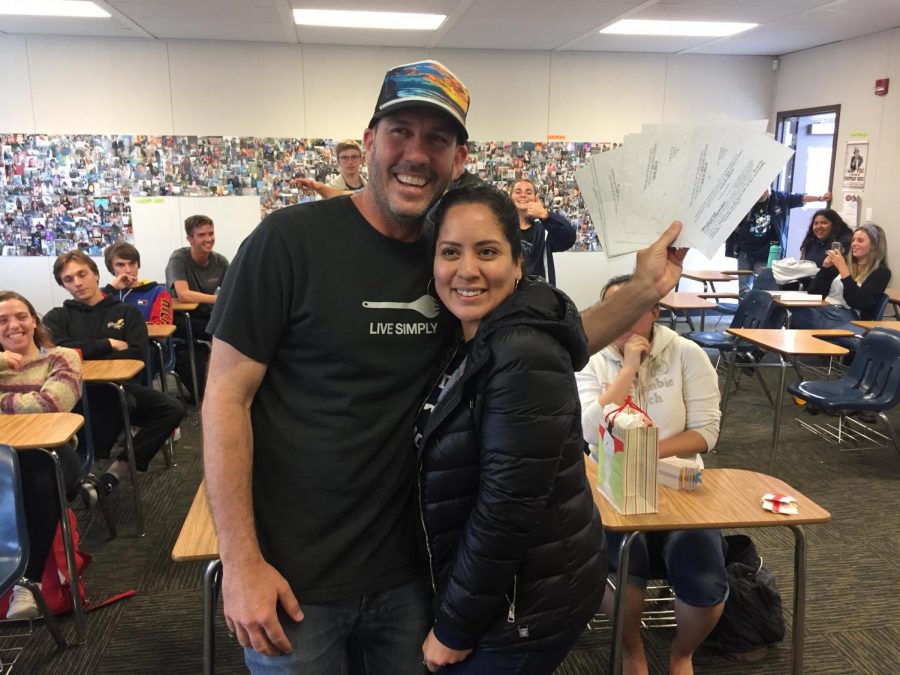 AP Psychology teacher James Hrzina (left) wins "Staff Out" to admin secretary Leslie Luna (right).