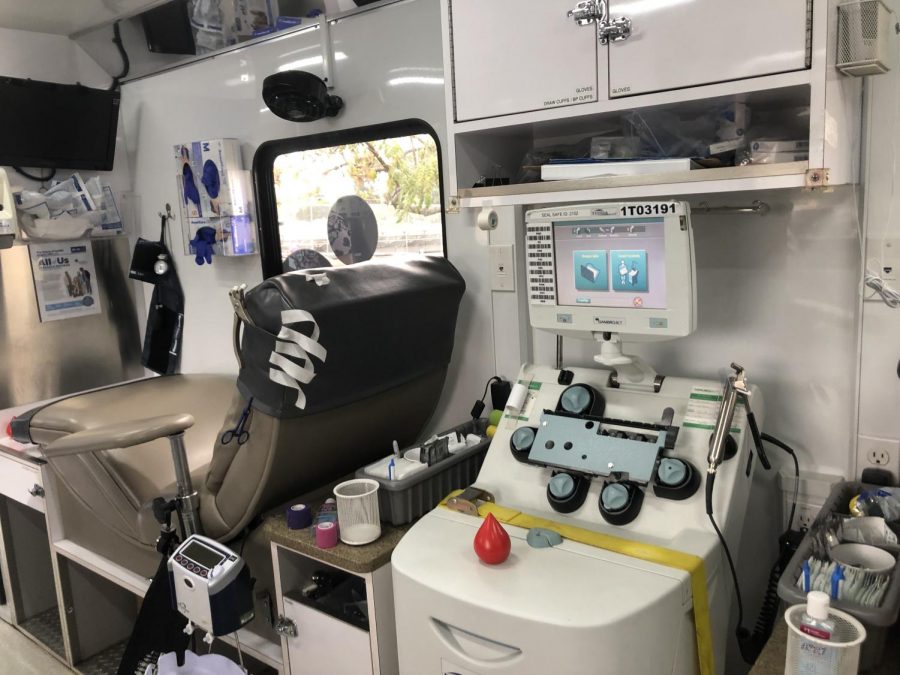A look inside the San Diego Blood Bank truck, equipped with chairs and other equipment.