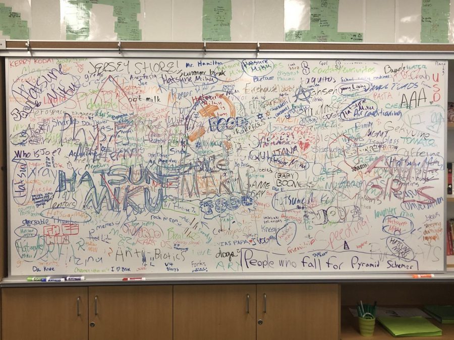 In Hrzinas AP Psych classroom, students are encouraged to write something they are grateful for on the board.