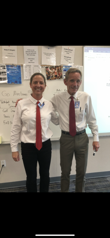 Teachers+Todd+Vollstedt+and+Melissa+Shayegan+matching+for+twin+day.