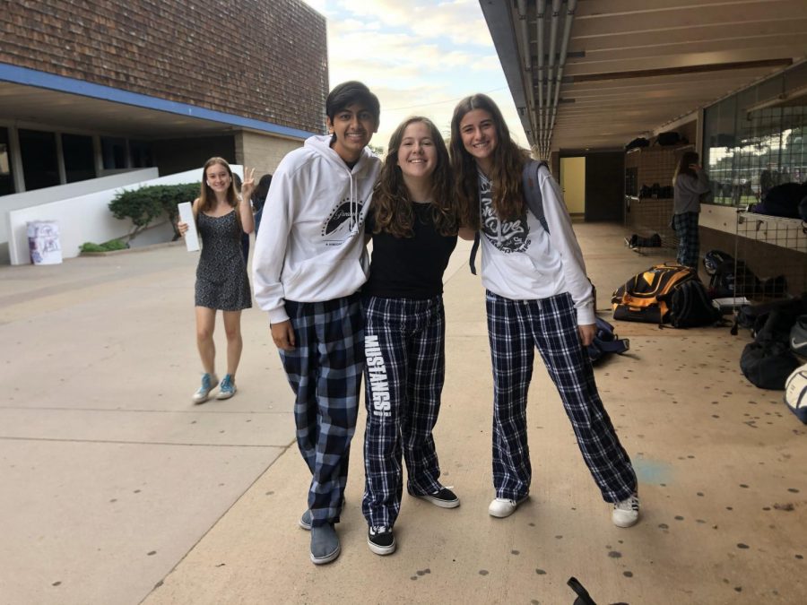 Sophomores Nitin Chatlani, Ella Hutnak, and Mikeely Siegel match in their flannel pajama pants.
