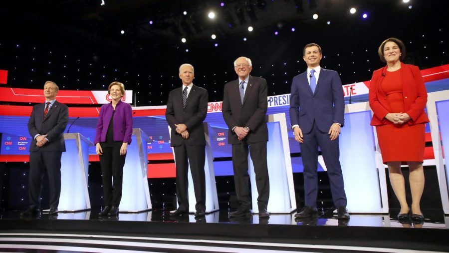 Democratic candidates (left to right) Tom Steyer, Elizabeth Warren, Joe Biden, Bernie Sanders, Pete Buttigieg, and Amy Klobuchar took to the debate stage in Iowa on January 14th, 2020.