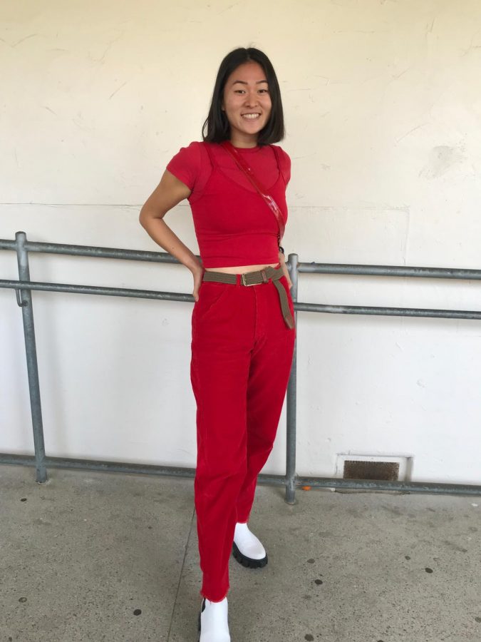 Senior Anna Duan in red.