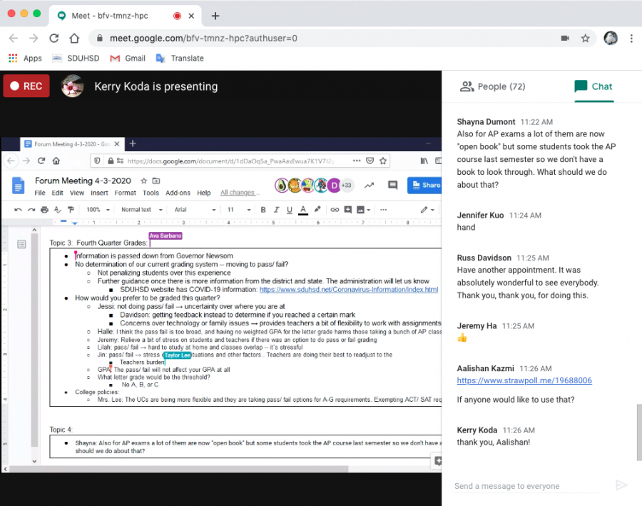 History teacher Kerry Koda presented notes while students discussed in the chat.