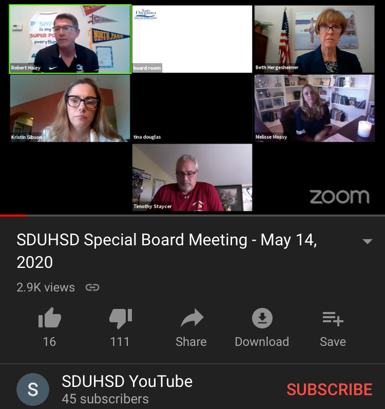 SDUHSD holds a special virtual board meeting over Zoom to discuss new changes to the grading policy.