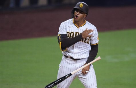 San Diego Padres center fielder Trent Grisham celebrates after hitting a home run during sixth inning against the Los Angeles Dodgers at Petco Park