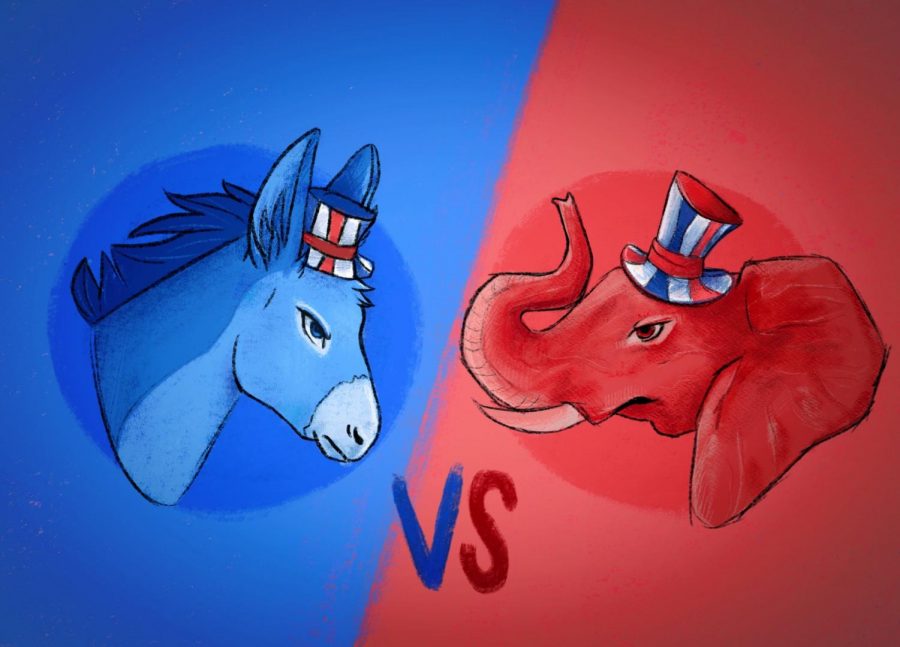 The Democratic Party and Republican Party emblems facing off in a duel. 