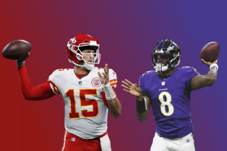 Will superstar Patrick Mahomes (left), QB for the Kansas City Chiefs, or electric Lamar Jackson (right), QB for the Baltimore Ravens, prevail to move on and have a record of three wins and zero losses?