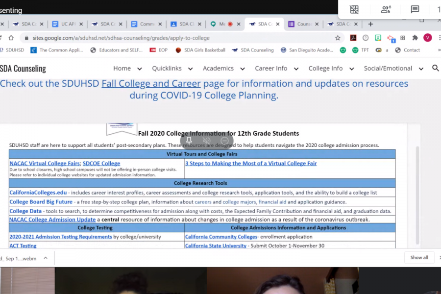 Counselor DeJesus presents her screen to show the resources SDUHSD has put together 