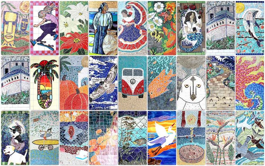 A collection of just a few of the mosaics created by Mr. Wright and other community members in Encinitas