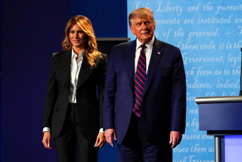 President Donald Trump stands on stage with first lady Melania Trump after the first presidential debate at Case Western University and Cleveland Clinic, in Cleveland, Ohio on Sept. 29, 2020