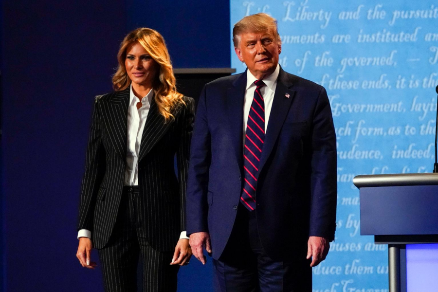 President Donald Trump stands on stage with first lady Melania Trump after the first presidential debate at Case Western University and Cleveland Clinic, in Cleveland, Ohio on Sept. 29, 2020 