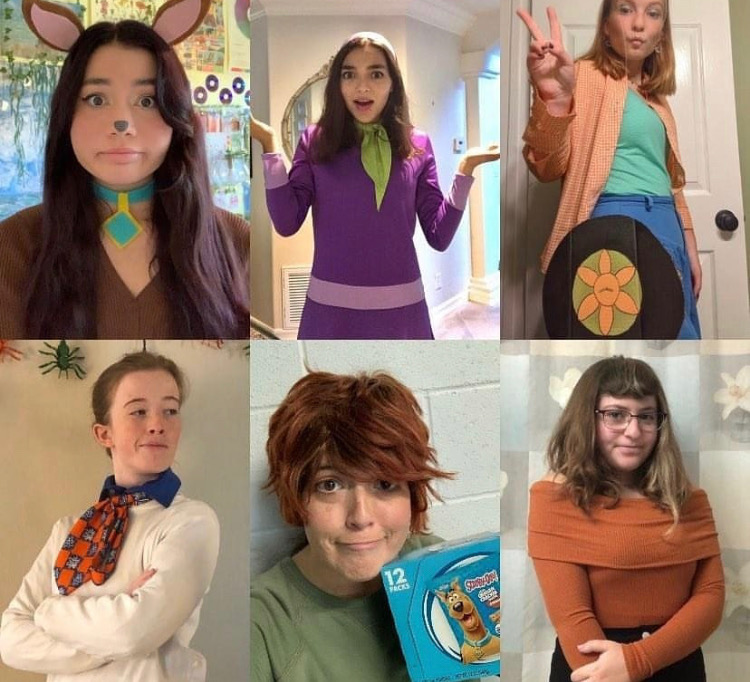 Senior Niki Kaplan as Scooby (top left), Senior  Celeste Lagrange as Daphne (top middle), Junior Tegan Schlosser as The Mystery Machine/Van (top right), Zara Holdaway as Fred (bottom left), Theatre teacher Stephanie Siers as Shaggy (bottom middle), and Senior Rachael Baum as Velma (bottom right)