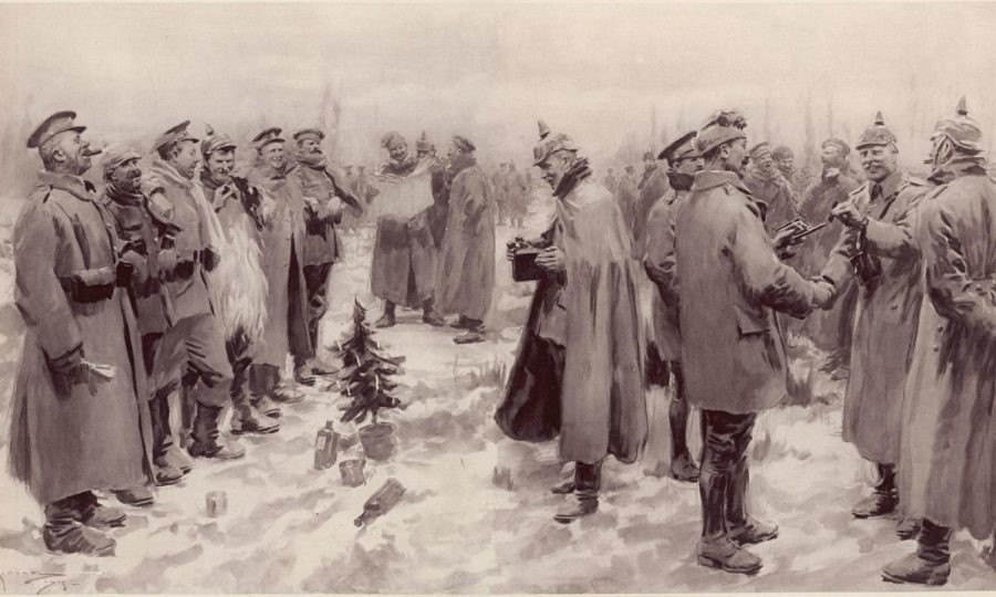 Soldiers from the British and German side interact with each other on Christmas 