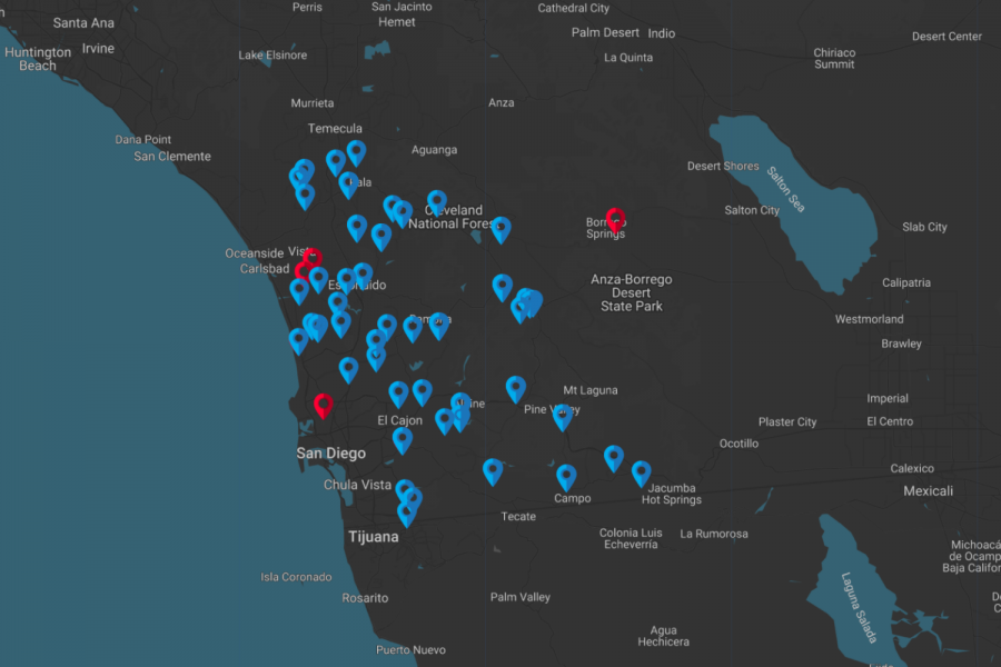 Outage map shows red marks as unplanned and blue marks as a public safety power shutoff on Dec 03 at 10:34 AM