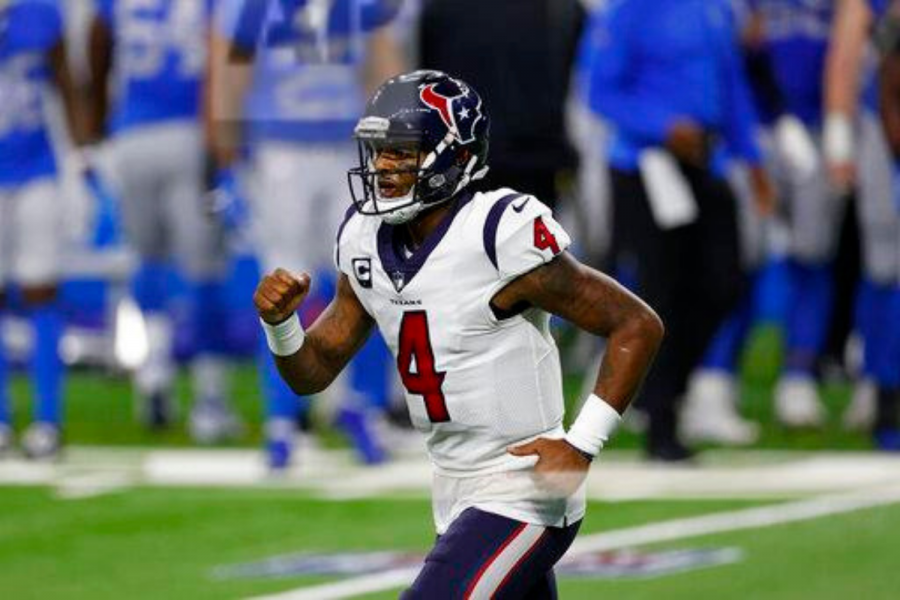 Houston Texans quarterback Deshaun Watson (4) celebrates after leading his team to a score during an NFL football game against the Detroit Lions, Thursday, Nov. 26, 2020, in Detroit. Houston won 41-25.