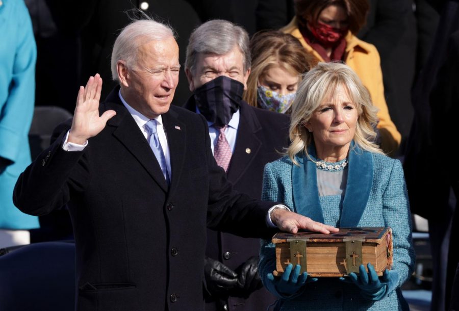 Joe Biden is sworn in as U.S. President as his wife Dr. Jill Biden looks on during his inauguration on the West Front of the U.S. Capitol on January 20, 2021 in Washington, DC. 