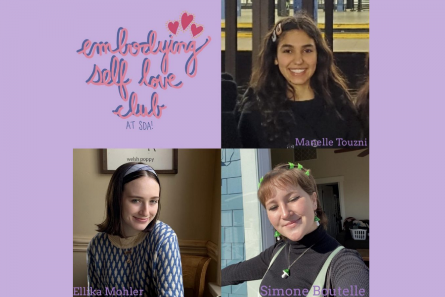 Embodying Self Love Club’s three leaders co-president Manelle Tounzi (top right), co-president Ellika Mohler (bottom left), and vice-president Simone Boutelle (bottom right)