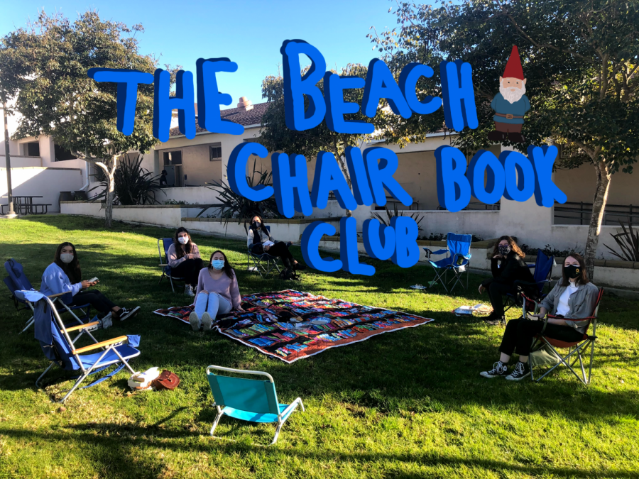 Club members gather safely to discuss the book they are reading near the Mustang Commons