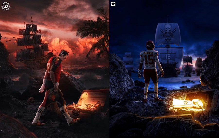Illustration of Tom Brady (left) and Patrick Mahomes (right) in the promise land ready to take the win